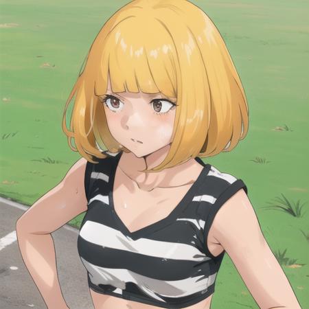 <lora:prison:1>, pr1s0n, 1girl, striped sleeveless shirt, collarbone,  crop top, standing, blonde short hair, blunt bangs, sweat, running, outdoors