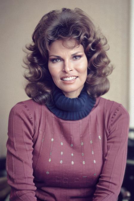 A sfw professional photo of raquelwelch woman smiling at viewer at home in her apartment in the 1970s, older, solo, for a women's interest magazine, wearing thick red jumper and long dark blue jeans, (best quality:1.2), (intricate details), ultra high res, beautiful, (intricate details), ultra detailed, aesthetic