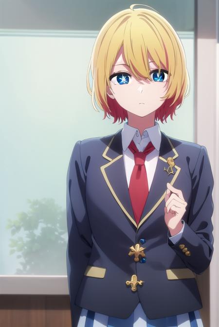 aquamarinehoshino, <lora:aquamarine hoshino s1-lora-nochekaiser:1>,
aquamarine hoshino, blue eyes, blonde hair, hair between eyes, (symbol-shaped pupils:1.5),
BREAK shirt, school uniform, jacket, necktie, blazer, red necktie,
BREAK indoors, classroom,
BREAK looking at viewer, (cowboy shot:1.5),
BREAK <lyco:GoodHands-beta2:1>, (masterpiece:1.2), best quality, high resolution, unity 8k wallpaper, (illustration:0.8), (beautiful detailed eyes:1.6), extremely detailed face, perfect lighting, extremely detailed CG, (perfect hands, perfect anatomy),