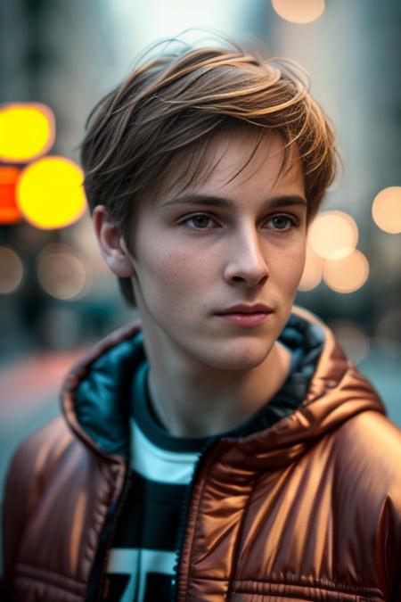 a young man,a close up of <lora:L0u1sHfmn:1>  in street , masterpiece,realistic, 4k, detailed, of seul in the night, highly detailed face, f2.8,denoise, dof, close up, casual clothes, blur background,