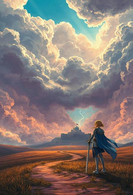 Vertical 9:16 anime-style scene in ultra-detailed 4K resolution. An endless sky dominates the frame, filled with vast, textured clouds shaped by soft folds, jagged ridges, and subtle depth. Light breaks through in soft golden beams, casting a warm glow across the landscape. Patches of light-blue sky peek between the heavy clouds, adding a peaceful contrast to the looming stormfront on the horizon.
Below, the scene shifts to a mystical battlefield. A winding path stretches across an open plain, leading toward a distant, ancient castle rising from a dark cliff. Thunderclouds swirl above the fortress, lit by faint flashes of lightning, hinting at an approaching confrontation.
In the foreground, Saber from Fate/stay night stands firm. Clad in her shining silver armor, blue cape trailing in the wind, she holds Excalibur, which glows faintly in the filtered sunlight. Her gaze is locked on the distant castle. The atmosphere is rich with tension and beauty—pastel tones of pink, gold, and blue blend with the dark sky, rendered in dreamy cel-shaded watercolor. A single, cinematic moment—silent, emotional, and powerful..