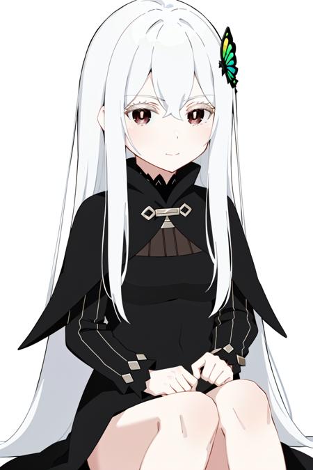 Echidna
<lora:EchidnaV2:0.8>
1girl, bangs, black_dress, chibi, closed_mouth, dress, hair_between_eyes, hair_ornament, long_hair, long_sleeves, looking_at_viewer, silver_hair, simple_background, sitting, solo, very_long_hair, white_background