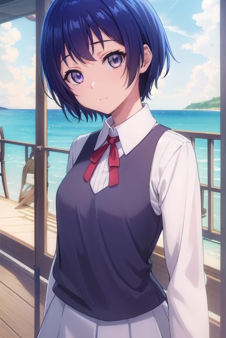 aina yoshizawa, short hair, blue hair, (purple eyes:1.1), skirt, sleeveless, socks, shirt, white shirt, collared shirt, ribbon, neck ribbon,