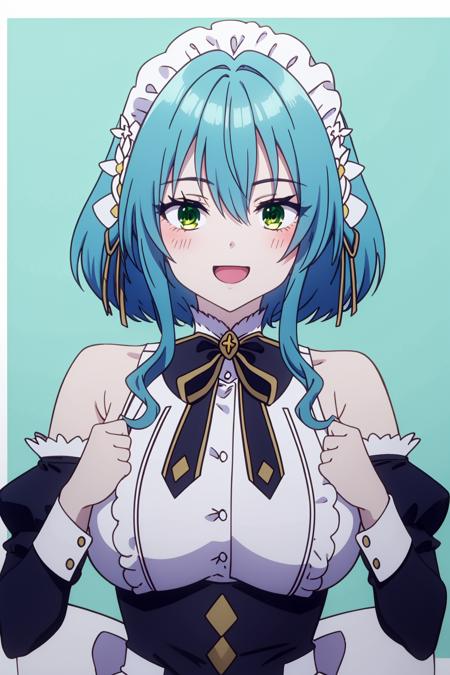 masterpiece, best quality, highly detailed, villhaze, 1girl, armpit crease, bare shoulders, black bow, black bowtie, black corset, black sleeves, blue background, blue hair, blush, border, bow, bowtie, breasts, corset, crossed bangs, detached sleeves, dress, gold trim, gold trim bow, green eyes, hair between eyes, hair intakes, hands up, juliet sleeves, large breasts, long sleeves, looking at viewer, maid headdress, multicolored eyes, open mouth, puffy sleeves, purple eyes, short hair, short hair with long locks, sidelocks, simple background, sleeveless, sleeveless dress, smile, solo, upper body, white border, white dress, white wrist cuffs, <lora:villhaze-05:1>