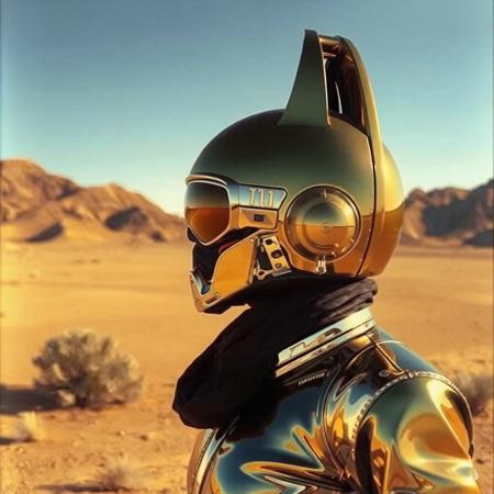 avant-garde, retro futurism , gold and chrome, california desert, 1970s, robert T, techno style