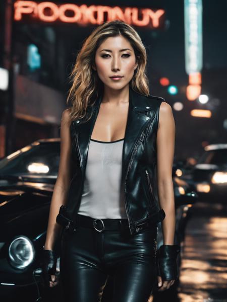 beautiful dichen_lachman as a cyberpunk detective, leather jacket, tank top, (cleavage:0.5), dichen_lachman, (highly detailed:1.2),(best quality:1.2),(8k:1.2),sharp focus,(subsurface scattering:1.1),award-winning photograph,professional portrait photography,(close shot:1.2), rainy futuristic city street at midnight,neon signs,(very detailed background:1.2),(futuristic sci-fi:1.1), analog style, modelshoot style, dramatic lighting, by artgerm wlop annie leibovitz jeffrey simpson jock sturges greg rutkowski, <lora:dichen_lachman_sdxl_2500:0.8>