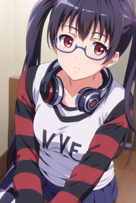 iorikousaka, <lyco:iorikousaka-lyco-nochekaiser:1>, 
iori kousaka, black hair, twintails, glasses, (red eyes:1.5),
BREAK skirt, thighhighs, pantyhose, (striped sleeves:1.5), shirt, headphones, t-shirt, clothes writing, semi-rimless eyewear, headphones around neck, raglan sleeves,
BREAK looking at viewer,
BREAK indoors,
BREAK <lora:GoodHands-vanilla:1>, (masterpiece:1.2), best quality, high resolution, unity 8k wallpaper, (illustration:0.8), (beautiful detailed eyes:1.6), extremely detailed face, perfect lighting, extremely detailed CG, (perfect hands, perfect anatomy),