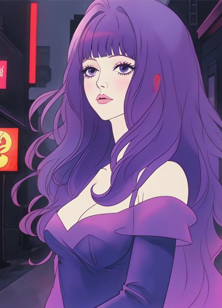 <lora:belladonnasized:0.6> 1girl, jeannabelladonna, solo, bangs, purple hair, street, portrait, (masterpiece, best quality:1.2), award winning, masterpiece, vibrant, volumetric lighting