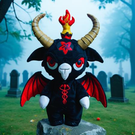 anime artwork baphy_plushies, esoteric_baphy, big_horns_baphy, winged_baphy, fangs,  standing in a foggy cemetery, red baphy, in the background a rave party, wearing a plushie gothic outfit,  with one hand up, one hand down, ultra detailed, ultra quality, cinematic, dramatic lighting   <lora:Baphies-Plushies-000013:1> . anime style, key visual, vibrant, studio anime,  highly detailed