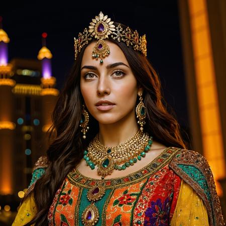 RAW full body analogue photo of a beautiful 20 years old woman, clear focus, 8K,__Random_Woman__,perfect face, sexy pose, wearing The Exotic Enchantress: A vibrant and colorful costume inspired by exotic cultures, featuring flowing fabrics, intricate beading, and statement jewelry, perfect eyes, detailed eyes, detailed iris, realistic skins absolute perfect tits, soft tits, natural tits ,low light, soft natural light, Rembrandt style light, Hasselblad DLSR camera, 200mm Zeiss lens, f/2.8 ,Sexy pose, erotic pose, exhibitionism ,The Burj Khalifa in Dubai with its towering height and modern design