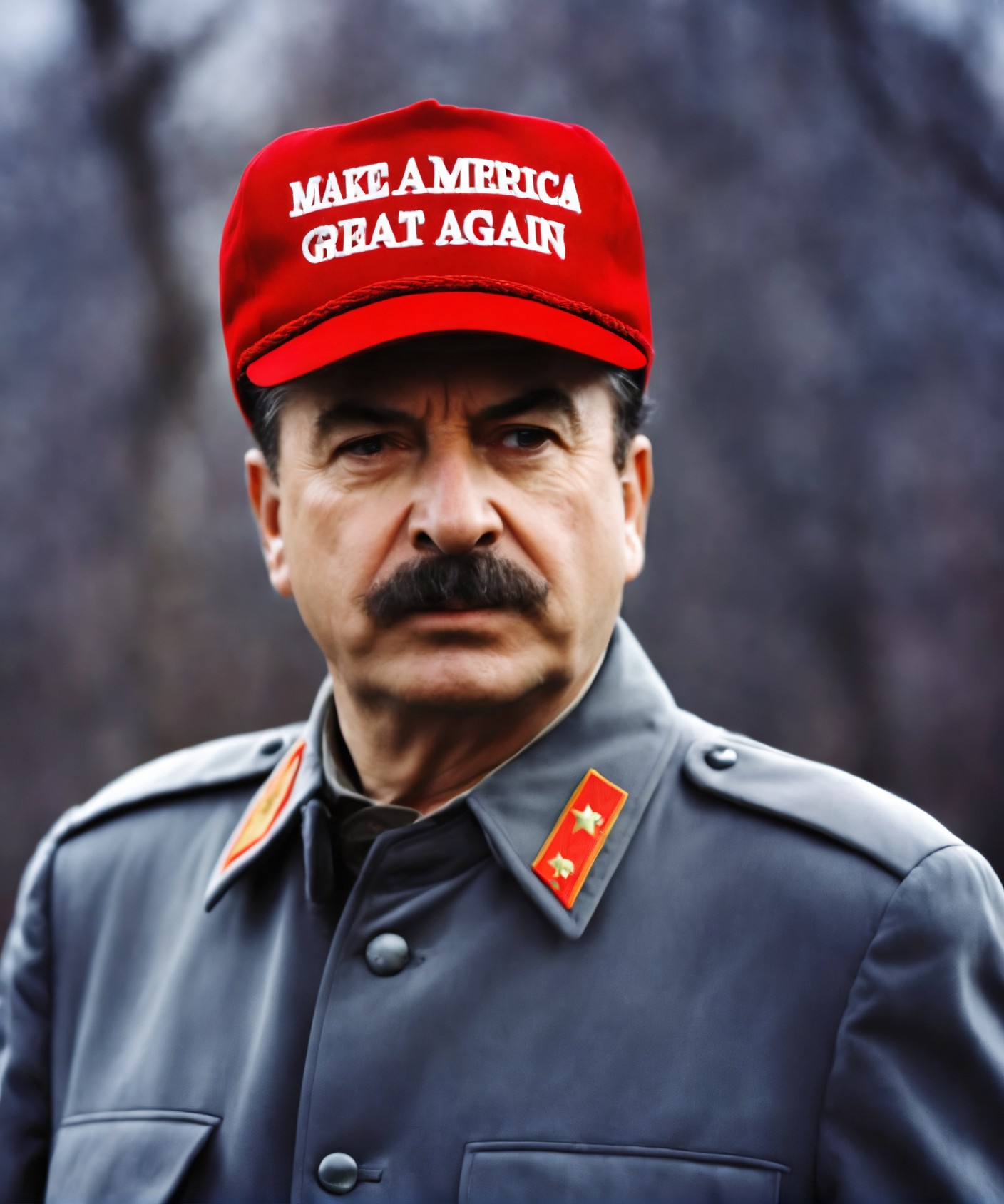 man wearing red maga hat, upper body, home at background, stalin, professional, photo, high quality, highres, 
 <lora:maga...