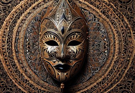 masterpiece, best quality, amazing quality, high resolution, closeup, Indonesian Batik Morph,  Envision geometry as the metaphysical language of space itself—an ancient force born from Earth's measurements, beauty, professional 3d model a mask made out of sheets of Batik Fabric.  Indonesian Batik Morph