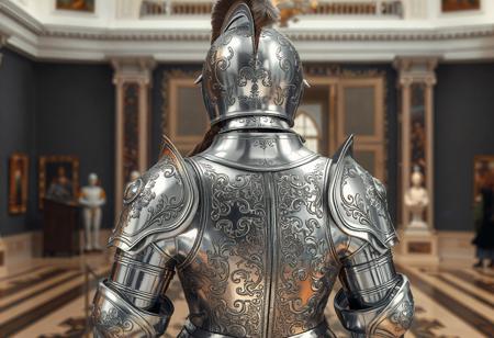 A breathtakingly detailed female suit of armor stands as the centerpiece of a grand museum exhibition. The silver-plated masterpiece shines under carefully curated gallery lighting, its surface adorned with intricate floral engravings and delicate filigree work. The helmet’s elegant plume cascades down the back, suggesting noble lineage, while the articulated breastplate, gauntlets, and greaves showcase masterful Renaissance-era metallurgy.Created as a flagship asset for next-gen game cinematics or museum VR experiences. Currently featured on ArtStation’s trending page for its unparalleled attention to: