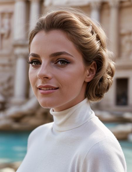 photo of (v1rn4), RAW, ((close portrait photo)), nature, Spectacular light, Turtleneck dress, Colorful flowering, 8k, soft lighting, high quality, film grain, Olympus OM1 sharp focus, f 3.4, (eyeliner), (seductive pose), upper body, smile, breast,  Rome, Trevi Fountain