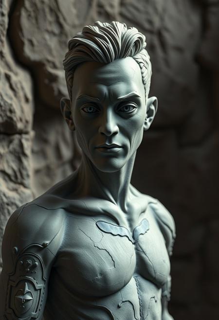 A clay sculpture of ilya kuvshinov standing against a wall, with intricate patterns and sharp eyes. The scene is made in Maya by Ruan Jia's masterpiece Beautiful Painter, rendered using Unreal Engine 4 for depth, Film grain, cinematic film still, highly detailed, highly contrasted, dynamic pose, high budget, cinemascope, gorgeous, 2000s vintage RAW photo, photorealistic, color graded cinematic, natural, extreme quality