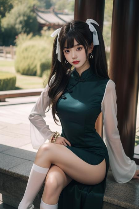 ltra-detailed,highly detailed,best quality,masterpiece,illustration,realistic,
yaozhi, 1girl, solo, upper body, 
china dress, chinese clothes, see-through sleeves, long sleeves,socks,shoes,
bangs, brown hair,  long hair, twintails, 
hair ribbon,  earrings,bracelet, 
sitting,crossed legs, looking at viewer, 
outdoors, day,tree,sky,cloud, 
 <lora:yaozhi_v1_02:0.7>