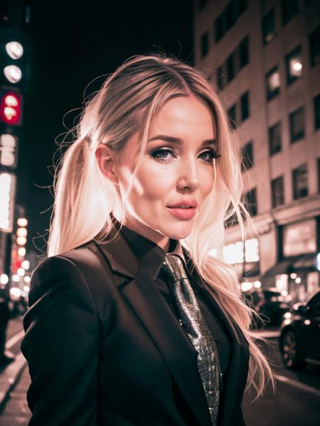 upper body portrait, savbond, new york city street at night, (masterpiece, best quality, high quality, highres, ultra-detailed), lamppost, night, crowd, 1girl, long hair, platinum blonde hair,  looking at viewer, light smile, allblacksuit,  <lora:attire_allblacksuit:1>