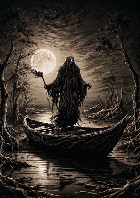 <lora:dAIversity-LoRAtest-Photoreal-XL-01:0.65>
linquivera,  Ink illustration, (anime:0.5), brown tones, aged black red paper, inkpunk, moonlight,surreal, a ghost standing on a boat in swampy wetlands, (at a distance), Will-o'-the-wisp, moonlit, lonely, solitude, windy, tall trees, willows, willowy,  OverallDetail, extremely detailed, UHD,(long exposure , dystopian but extremely beautiful:1.4),
   <lora:SketchStyle:1> Jedsk5tch, sketch, black and white <lora:WildcardX-XL-Detail-Enhancer:1> <lora:Treeroots_0_90_multi2_Handprocessed_V2:0.8> PG-TR