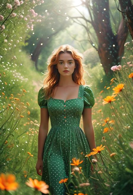 Aphrodite. 
Thriller. Femme fatale scene.
Walking among Australian highland wild flowers. Green polkadot pinafore dress.
(detailed skin, pores, sweat, blush, , imperfections, tan lines) Long copper colour hair
mysterious, ethereal, intimidaitng.
cinematic lighting
ral-ertmsphr
epic cinematic color style
Inspired by David Lynch and Stanley Kubrick.
butterflys