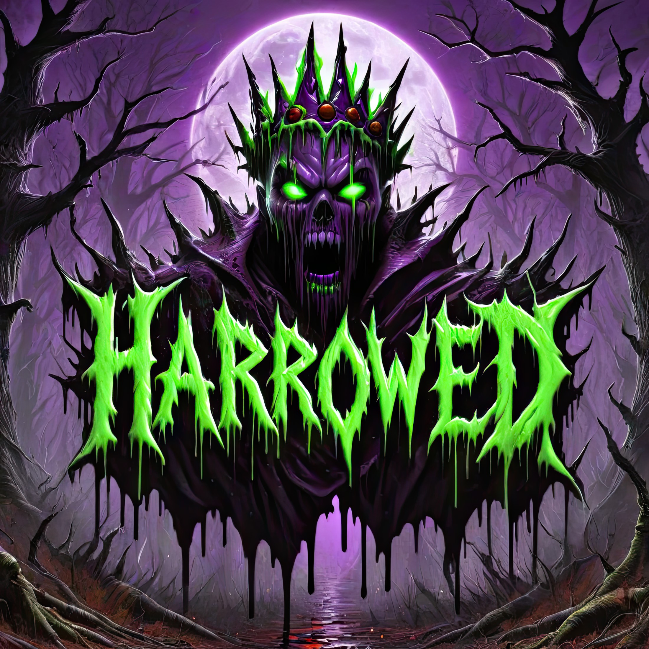 (HarroweD text logo), neon green, purple, spikey, splattered, dripping, blood, crown, fog, moon, trees