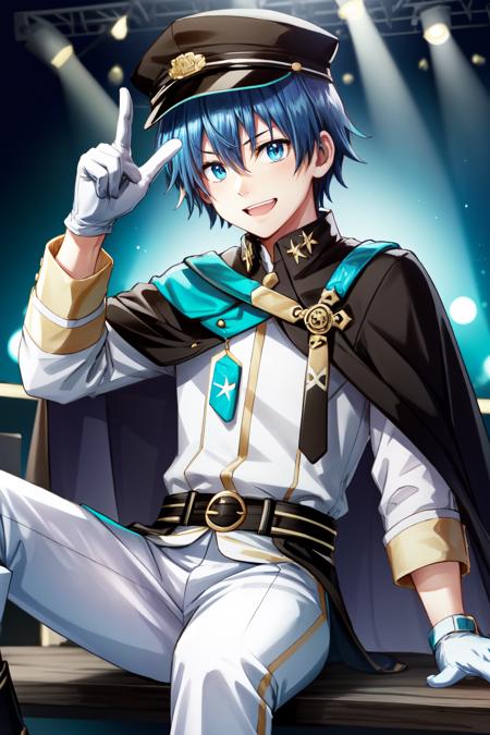 amamine shu\(side-m\), solo, looking at viewer, peace sign, smile, short hair, blue eyes, pants, shirt, gloves, long sleeves, white pants, 1boy, hair between eyes, black hat, sitting, blue hair, white jacket, white shirt, male focus, boots, pants, white gloves, cape, black headwear, legwear garter, upper body, black cape, blurry background, black peaked cap, light particles, backlighting, stage,