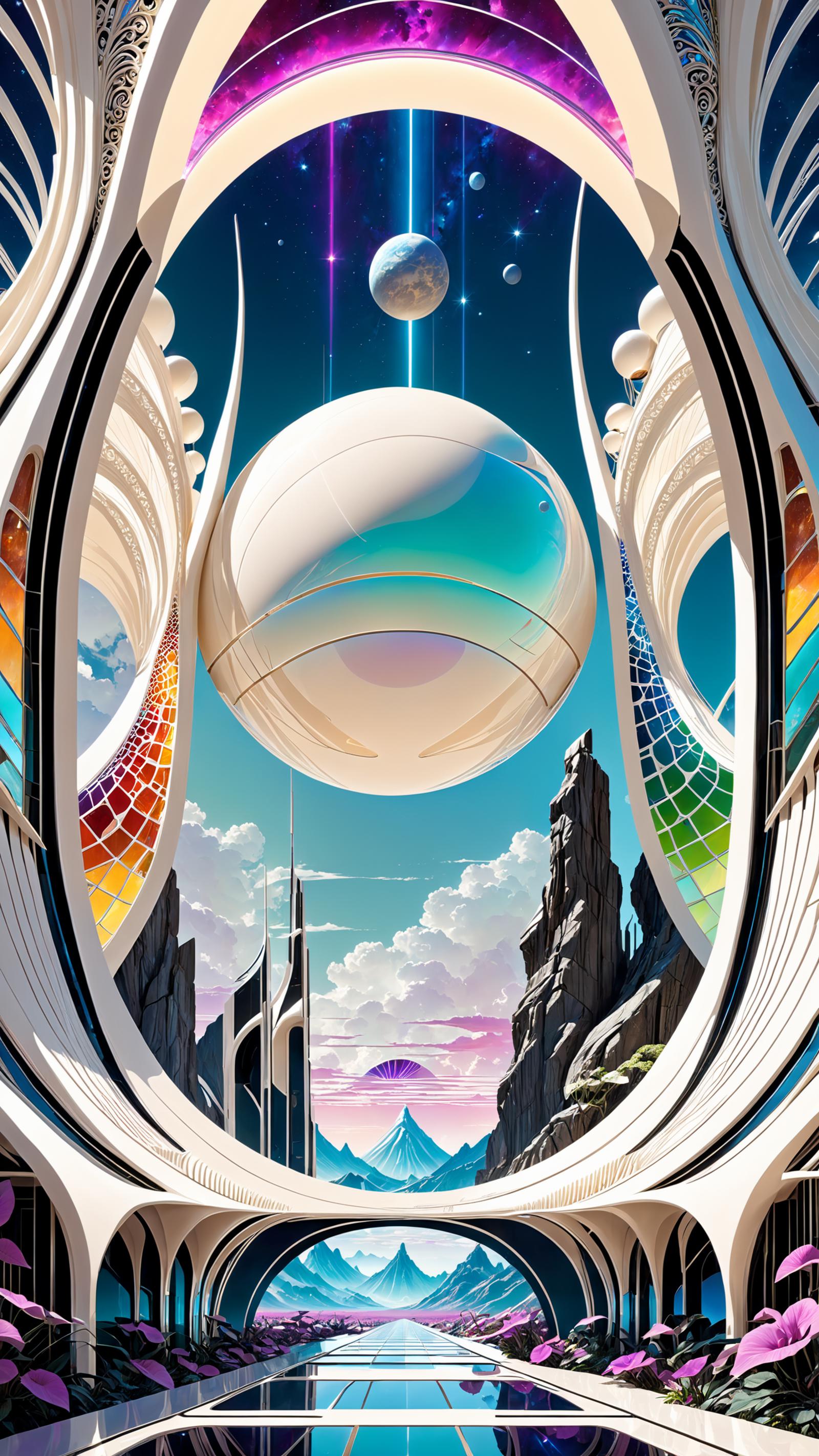 A futuristic cityscape with a large white sphere and colorful buildings.