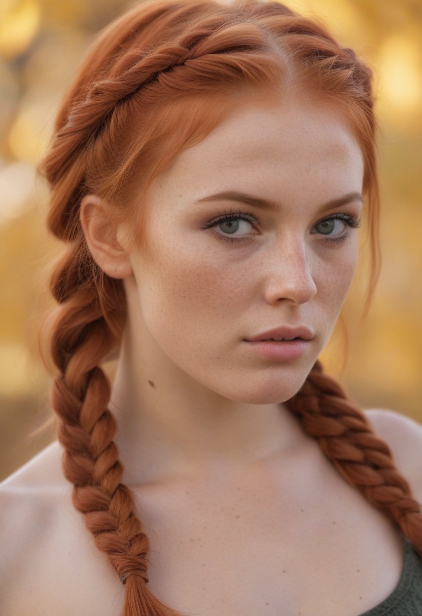 8k, photorealistic, dof, colourful, stunning redhead, fall colors, (detailed_face:1.2), long_hair, braids, freckles, (makeup eyeliner lipstick:0.8), bright_detailed_eyes, eye level, , soft light, ((chest up view)), crop top,