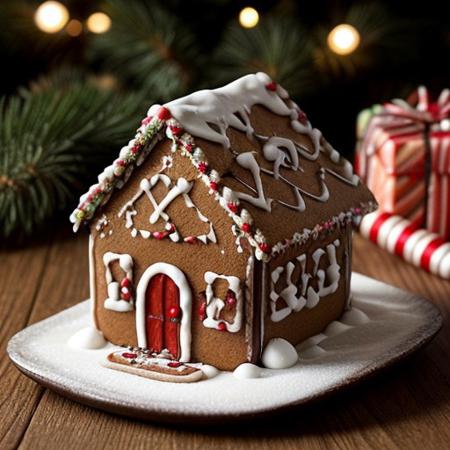 Christmas Gingerbread House: A beautifully decorated gingerbread house with colorful icing, gumdrops, candy canes, and powdered sugar resembling snow. The house is set on a snowy table, surrounded by miniature Christmas trees and festive ornaments.