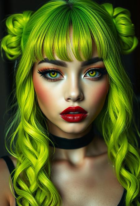 This is a highly detailed, portrait of a young mulato latina woman with an edgy, gothic aesthetic. She has long, wavy neon  green hair styled in high pigtails, with bangs framing her face. Her skin is pale with a slight glow, suggesting a youthful, possibly Asian ethnicity. She has striking, bold makeup with yellow, electric eyes, thick eyeliner, and deep black eyeshadow, complementing her dark lipstick.