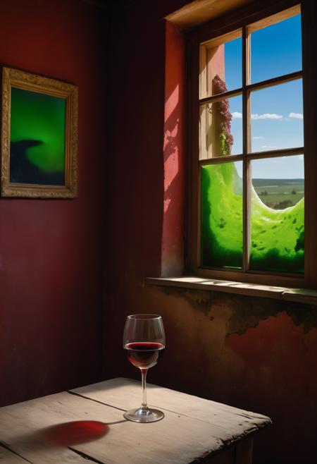 a small dark room with a narrow window on one side,in the middle a very old wooden table,on which you can see an elegant wine glass,half filled with red wine,the room is only lit by the light from the sun through the narrow window illuminated,there is a lot of dust in the air,Volumetric Lighting,Tyndall effect,incredibly absurdres,photo_ (medium) , ((dyeing)) , ((oil painting)) , ((impasto)) , art by Jeanloup Sieff, painting, hyper detailed, Deformed (Algae:1.3) , Confused, Trendercore, film grain, Samsung Galaxy, Depth of field 100mm, Ektachrome