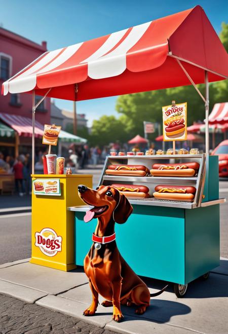 This image captures a whimsical scene of a dachshund standing upright, enthusiastically selling hot dogs at a street food stand. The artwork features playful, cartoon-like qualities, blending humor and visual interest.