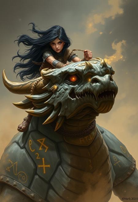 A young warrior with dark, flowing hair crouches atop a massive stone dragon, dust swirling around her as she grips the beast's ancient horns. Her expression is fierce, garments rugged and adorned with talismans. The dragon's stone scales are etched with glowing runes that pulse with faint golden light, hinting at its mystic power and age. The scene exudes strength and mysticism, illustrated in a dynamic, high-definition fantasy art style., dndpntng style vintage fantasy painting, 1980s RPG style, hand painted with dramatic shadows and fantasy details,