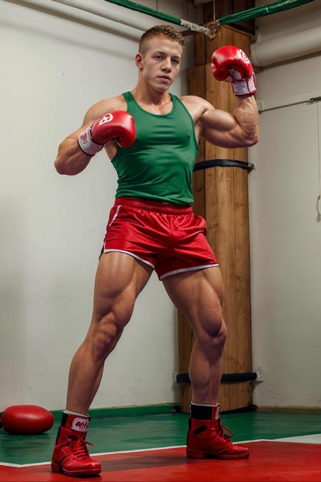 a boxing gym, high ceiling, white walls, a boxing ring, ZacDeHaan wearing (green tank top), red boxing shorts, red boxing boots, (red boxing gloves), boxing pose, dynamic pose, (((full body portrait))), wide angle  <lora:ZacDeHaan:0.8>