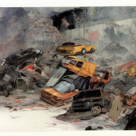 a pileup of cars, art by (akira4:1),