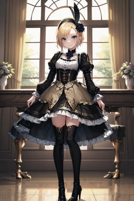 absurdres, high detail, uhd, indoor, antique house,
standing, v arms, looking at viewer, light smile,
solo, eriza, short hair, wedding dress, black feathers, head feather,  black hairband, hair flower, black rose, brown dress, puffy sleeves, long Sleeves, long skirt, layered skirt, brown skirt, black skirt, frills, black footwear, high heel boots
<lora:MGCM-eriza-t1-000050:0.7>