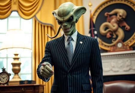 president cthulu in a sharp pin striped suit shaking hands in the oval office, real photograph