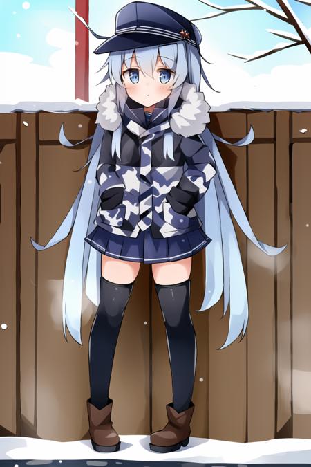 1girl, hibiki, verniy, (at full size), blue hair, long hair, blue eyes, small height, little girl, camouflage coat, ussr fleet cap, school boots, pleated skirt, winter, snowfall, blue sky, ocean, winter ocean, ussr