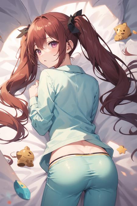 1girl, cowboy shot, from above, twintails, ass, on stomach, pink pyjamas