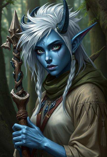 (((detailed, beautiful, high quality))), female tiefling, blue skin, white sclera, no iris, blank eyes, white hair, spiky hair, tomboy, druid clothing, forest environment, holding druid staff