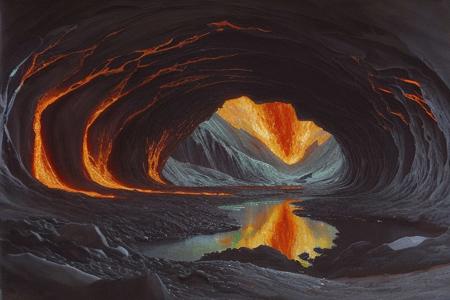 (industrialism:1.0), (impressionism:1), scene painting, a painting, Volcanic ,Lava Tube ,