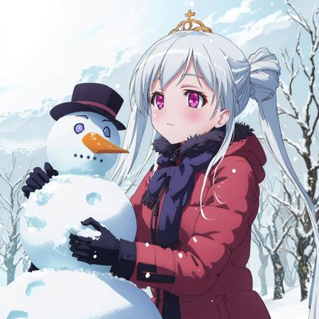 pina_sformkran_estor, snow, snowman, snowing, winter coat, winter clothes,  twintails, purple eyes,  <lora:pina_sformkran_estor_v1:0.8>, masterpiece, best quality