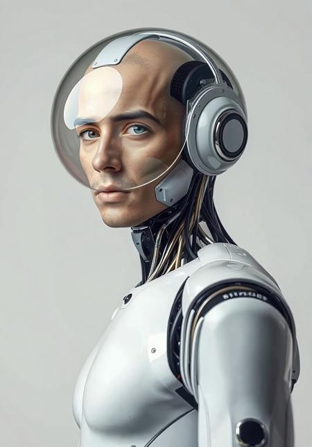 photo portrait of a man stands in front of camera, body slightly turned, looks into camera, high detailed, neutral background, with tiny details of a robot (android) but more as a human, with fully glass futuristic sphere on a head, realistic photo
