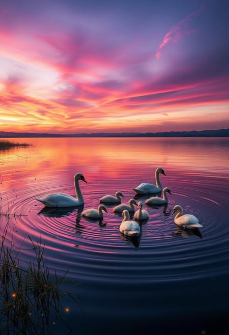 Against a twilight sky ablaze with purple and pink hues, a serene family reunion unfolds on the glassy lake surface. Four adult swans, flanked by their cygnets, glide effortlessly together, generating soft ripples. Fireflies flicker among the reed beds, while the distant mountains' silhouettes provide depth to this idyllic scene, bathed in warm, golden light.