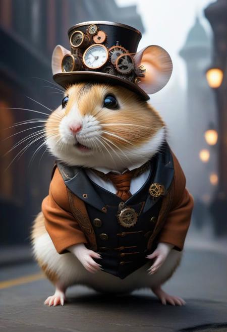 knee level view of a ((Steampunk)) Hamster animal with fine high tech skin details, detailed face tattooed, background is very old city street during sunrise, sf, intricate artwork masterpiece, orange and white pastel ratio, fog ambiance, ominous, photo realistic, ultrafine details, atmospheric, matte painting movie poster, by antonio mora and bruno catalano