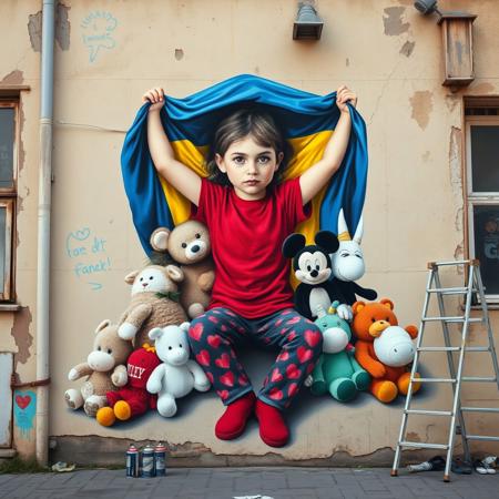 A powerful mural painted on a weathered urban wall, featuring a young girl sitting among stuffed animals, including iconic characters like Mickey Mouse, Moomin, and others. The girl, with a determined expression, holds up a large Ukrainian flag over her shoulders like a protective blanket, symbolizing resilience and hope amidst turmoil. Her red shirt and heart-patterned pants add a touch of innocence, while the flag dominates the composition, conveying a message of solidarity and resistance. The surrounding architecture, with its peeling paint and cracked walls, enhances the emotional depth of the piece, grounding it in a context of struggle and survival. A ladder and spray cans nearby indicate the artist actively working on the mural.