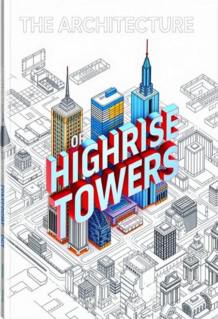 Create a book cover called ("The Architecture of Highrise Towers"), the letters of the title are 3D in the shape of highrise buildings overlooking a sketch plan of a city in USA viewed from an isometric high angle, with the letters stacked on top of each other, the ("THE") is a building, ("ARCHITECTURE") is a taller building, ("OF HIGHRISE TOWERS") is another all building with the letters stacked vertically on top of each other to form the shape of the building.
 The book cover has vivid colors with a color metallic and blue color pallette very well rendered and extremely detailed, at the bottom are the name of the author ("Arch. Konrad King) written in a architectural sketch font.
