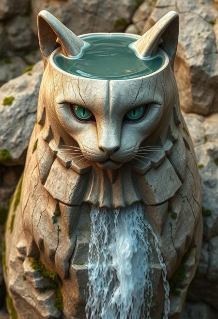 "Create a photorealistic image of a majestic cat sculpted from stone, with a serene pool of water resting on its head, evoking a tranquil pond. A breathtaking waterfall cascades down the cat's body, showcasing water in its most powerful and beautiful form. The stone is weathered, with fine cracks and crevices that add texture and depth to the image. Moss fills some of the cracks, while others remain bare, revealing the stone's natural grain. The cat's eyes are radiant and gorgeous, with a beautiful pattern of lighter and darker stone swirling around them, creating a sense of depth and dimension. The overall effect is one of breathtaking wonder, as if the cat has been carved from the very earth itself. The image should capture the intricate details of the stone and the water, with a sense of movement and flow." Highest-Quality, 4k, intricate details, visually stunning, Masterpiece