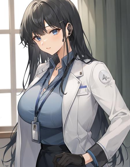  black hair, long hair, blunt bangs, side bangs, blue eyes, blue shirt, white lab coat, id card necklace, black gloves, holding glasses, black pencil skirt, black stockings, black earset