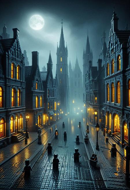 dark urban LEGO realism, gothic horror illustration, detailed inkwork, moody city streets, eerie fog, Victorian atmosphere, rain-slick cobblestones, shadowy figures, impressionist brushstrokes, muted tones, haunted architecture, deep chiaroscuro, macabre yet elegant, mystery and suspense, timeless European setting