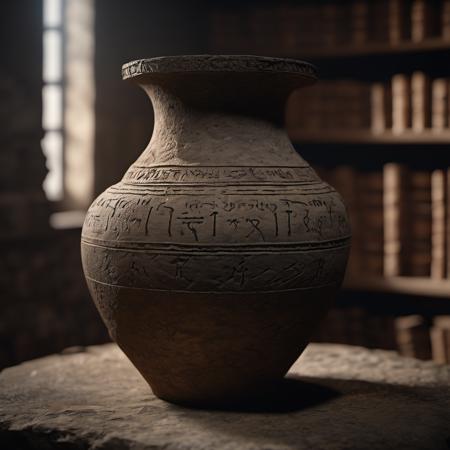 product photo cinematic photo empty ancient dark  vase, inscriptions, runes, pbr texture sandstone old stone, scratched, eroded, on table in dim museum library,  simple plain background  <lora:Sandstoneold-SDXL:1> . 35mm photograph, film, bokeh, professional, 4k, highly detailed closeup, with photo lens cracked and greasy, realistic concept